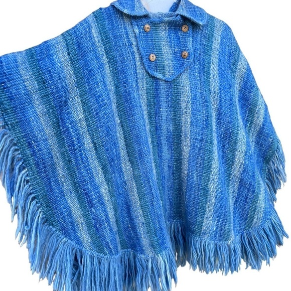 Handmade 100% Wool Fringe Poncho Artesania King Uruguay Blue Stripe Woven Medium - Picture 4 of 13